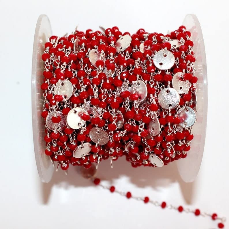 Red Coral Quartz gemstone faceted rondelle bead rosary coin chain silver, women jewelry making necklaces, earrings, anklets, and bracelets.