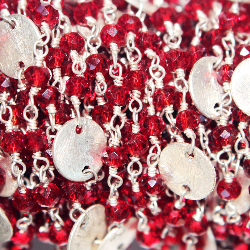 Red Garnet gemstone faceted rondelle bead rosary coin chain silver, women jewelry making necklaces, earrings, anklets, and bracelets.