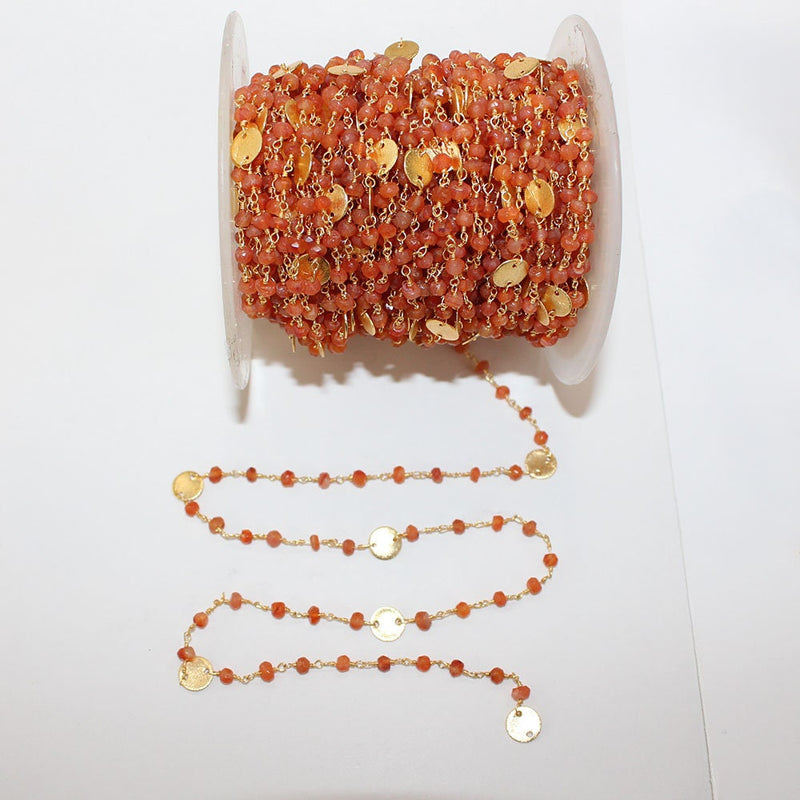 Carnelian natural gemstone faceted rondelle bead rosary coin chain women jewelry making necklaces, earrings, anklets, and bracelets.