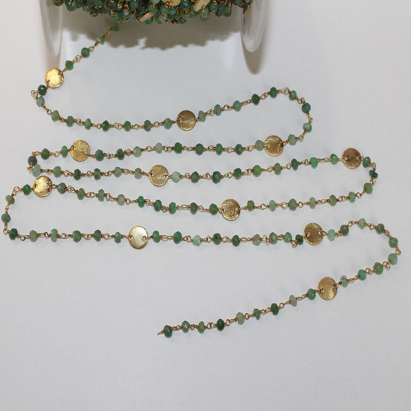 Chrysoprase natural gemstone faceted rondelle bead rosary coin chain 24k gold plated over silver, women jewelry making necklaces, earrings, anklets, and bracelets.