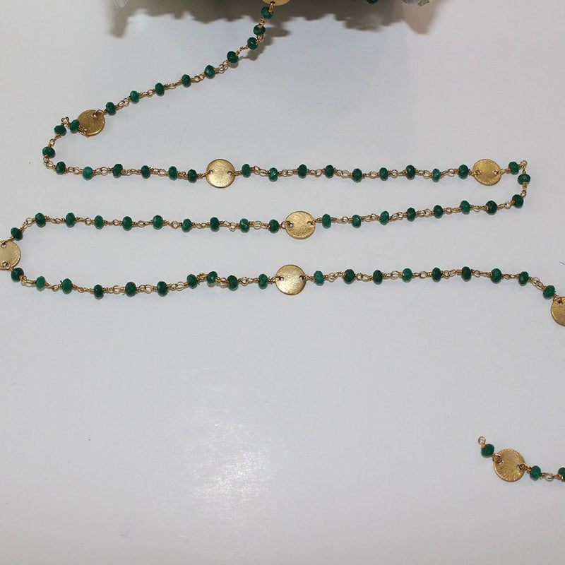 Emerald Jade natural gemstone faceted rondelle bead rosary coin chain 24k gold plated over silver, women jewelry making necklaces, earrings, anklets, and bracelets.
