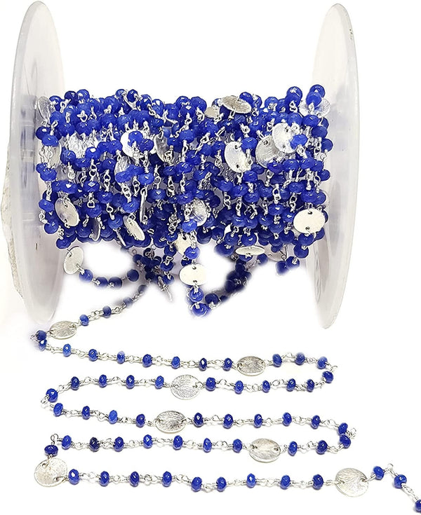 Blue Sapphire Jade natural gemstone faceted rondelle bead rosary coin chain silver, women jewelry making necklaces, earrings, anklets, and bracelets.