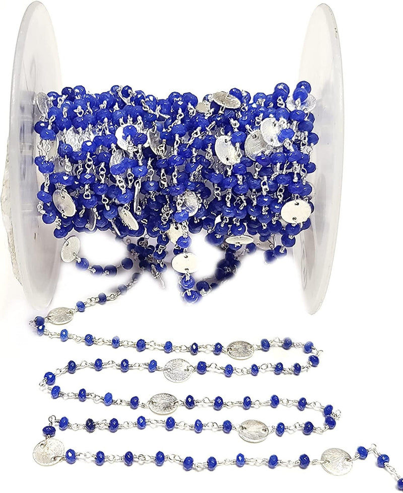 Blue Sapphire Jade natural gemstone faceted rondelle bead rosary coin chain silver, women jewelry making necklaces, earrings, anklets, and bracelets.