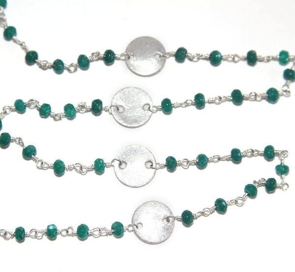 Emerald Jade natural gemstone faceted rondelle bead rosary coin chain silver, women jewelry making necklaces, earrings, anklets, and bracelets.