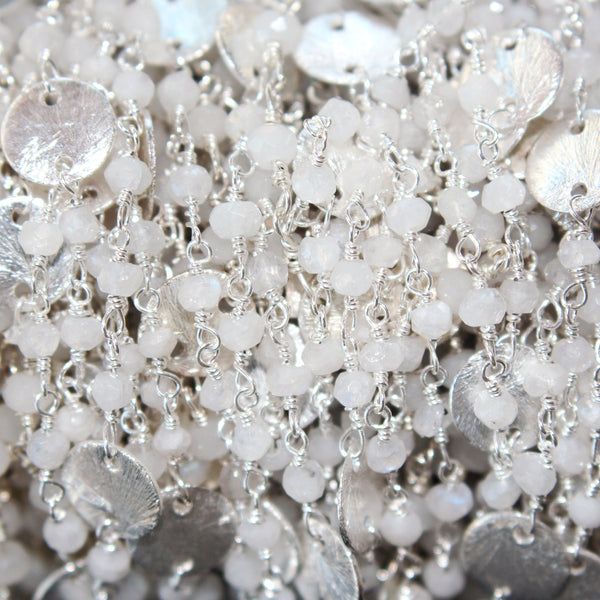 Rainbow Moonstone natural gemstone faceted rondelle bead rosary coin chain silver, women jewelry making necklaces, earrings, anklets, and bracelets.