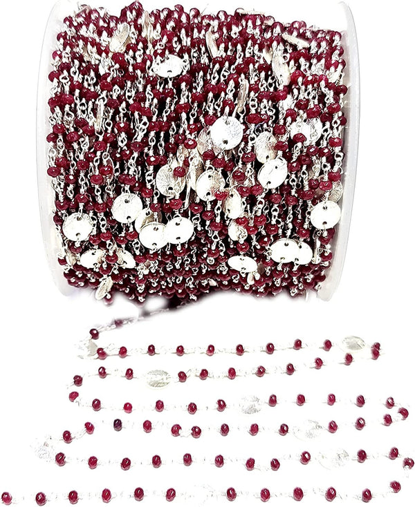Ruby Jade natural gemstone faceted rondelle bead rosary coin chain silver, women jewelry making necklaces, earrings, anklets, and bracelets.