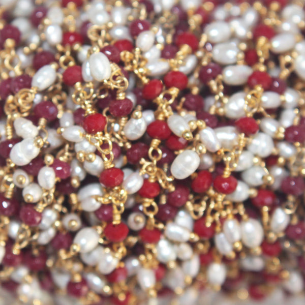 dark coral quartz gemstone bead chain 24k gold plated over silver, women jewelry making necklaces, earrings, and bracelets bead chain.