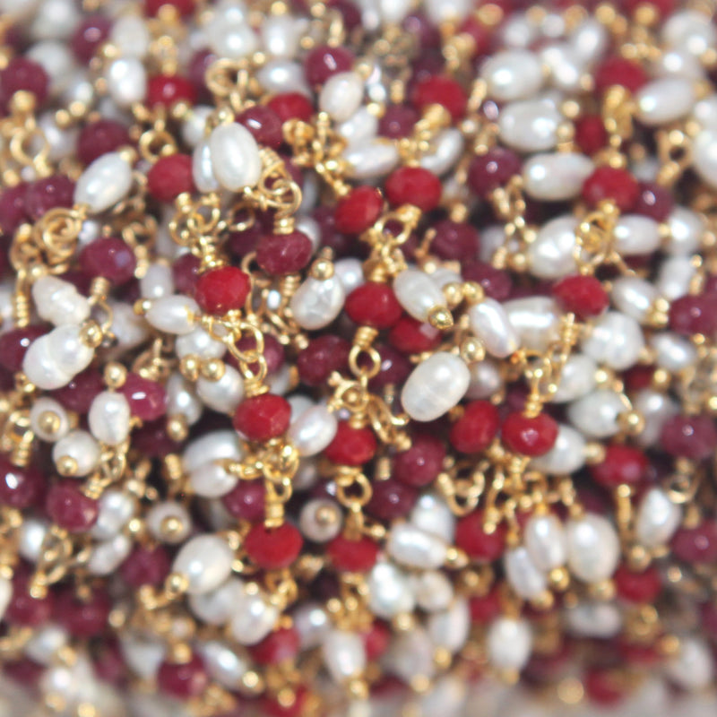 dark coral quartz gemstone bead chain 24k gold plated over silver, women jewelry making necklaces, earrings, and bracelets bead chain.