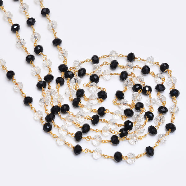 Black Spinel and Clear Quartz gemstone faceted rondelle bead 6mm rosary chain 24k gold plated over silver, women jewelry making necklaces, earrings, anklets, and bracelets.