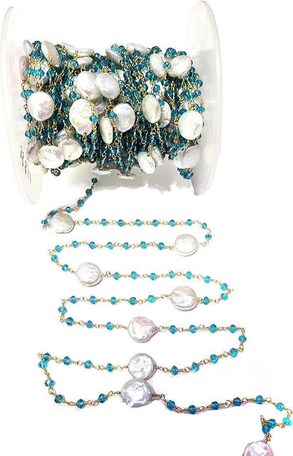 Blue Topaz and freshwater pearl gemstone faceted rondelle bead 3mm rosary chain 24k gold plated over silver, women jewelry making necklaces, earrings, anklets, and bracelets.