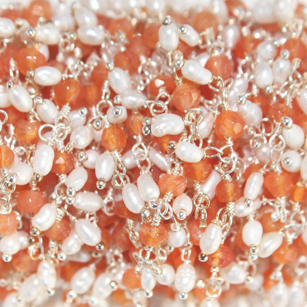 carnelian natural semi-precious gemstone beads 24k gold plated over silver rosary chain for a necklace, earrings, anklet, and bracelet making.