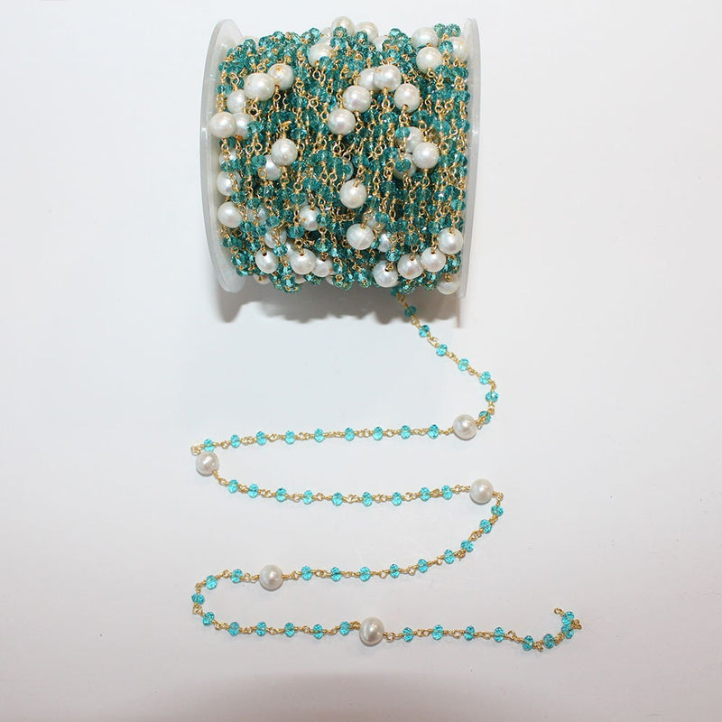 Blue Topaz and freshwater pearl gemstone faceted rondelle bead rosary chain 24k gold plated over silver, women jewelry making necklaces, earrings, anklets, and bracelets.