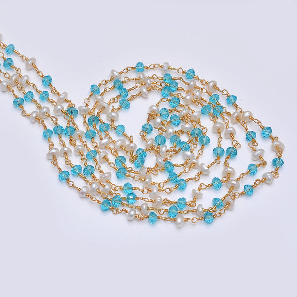 Blue Topaz and freshwater pearl gemstone faceted rondelle bead rosary chain 24k gold plated over silver, women jewelry making necklaces, earrings, anklets, and bracelets.