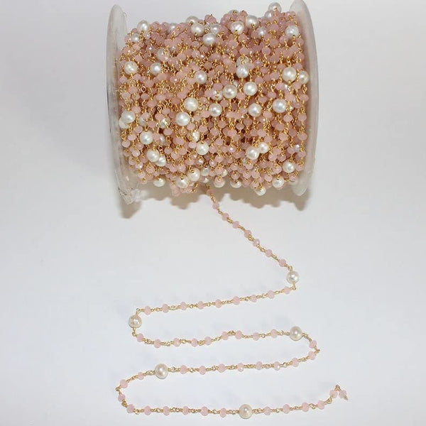 Pink Chalcedony and freshwater pearl gemstone faceted rondelle bead rosary chain 24k gold plated over silver, women jewelry making necklaces, earrings, anklets, and bracelets.