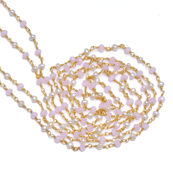 Pink Chalcedony and freshwater pearl gemstone faceted rondelle bead 3mm rosary chain 24k gold plated over silver, women jewelry making necklaces, earrings, anklets, and bracelets.