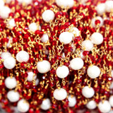 Red Garnet and freshwater pearl gemstone faceted rondelle bead 3mm rosary chain 24k gold plated over silver, women jewelry making necklaces, earrings, anklets, and bracelets.