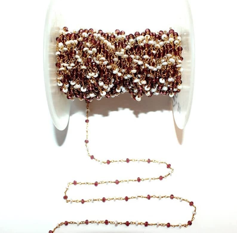 Rhodolite Garnet and freshwater pearl gemstone faceted rondelle bead 3mm rosary chain women jewelry making necklaces, earrings, anklets, and bracelets.