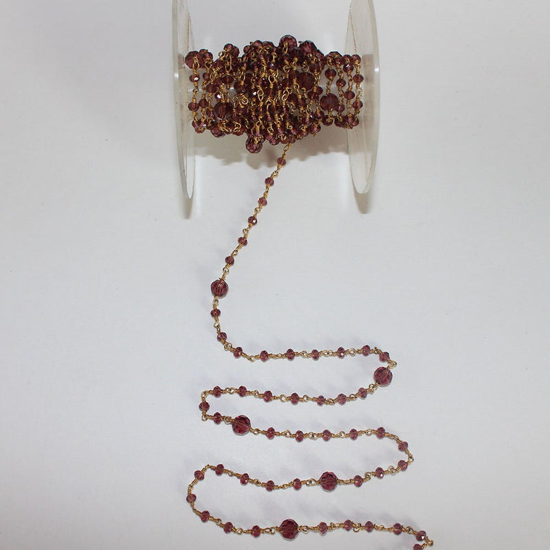 Rhodolite Garnet gemstone faceted rondelle bead 7.5mm rosary chain 24k gold plated over silver, women jewelry making necklaces, earrings, anklets, and bracelets.