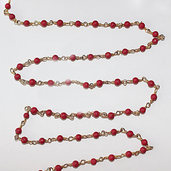 Coral quartz gemstone bead chain 24k gold plated over silver, women jewelry making necklaces, earrings, and bracelets bead chain.