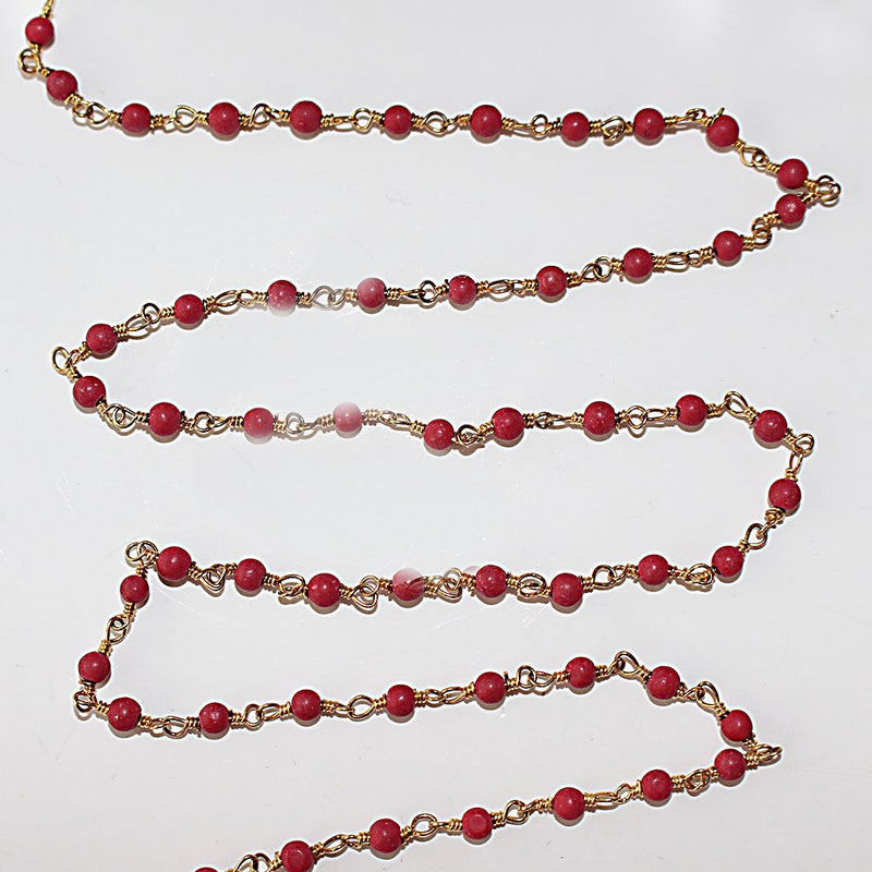 Coral quartz gemstone bead chain 24k gold plated over silver, women jewelry making necklaces, earrings, and bracelets bead chain.