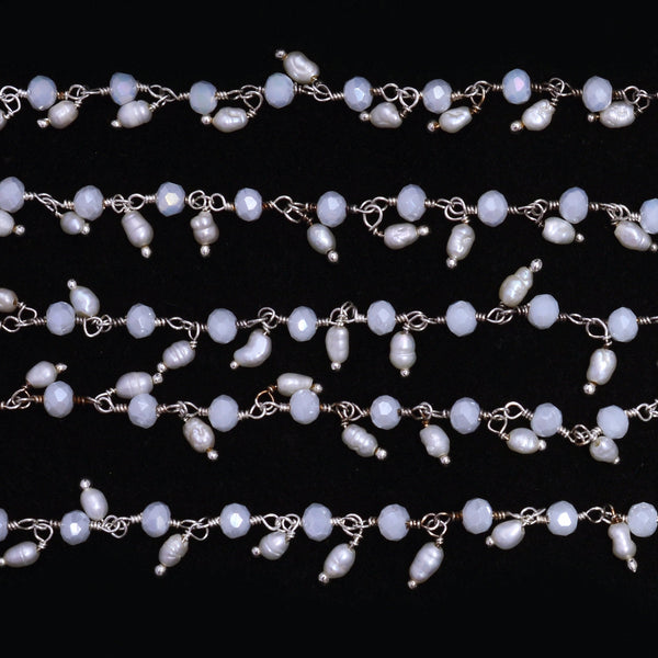 white chalcedony quartz gemstone bead chain silver, women jewelry making necklaces, earrings, and bracelets bead chain.