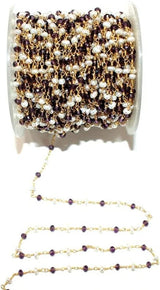 Amethyst and freshwater pearl gemstone faceted rondelle bead rosary coin chain silver, women jewelry making necklaces, earrings, anklets, and bracelets.