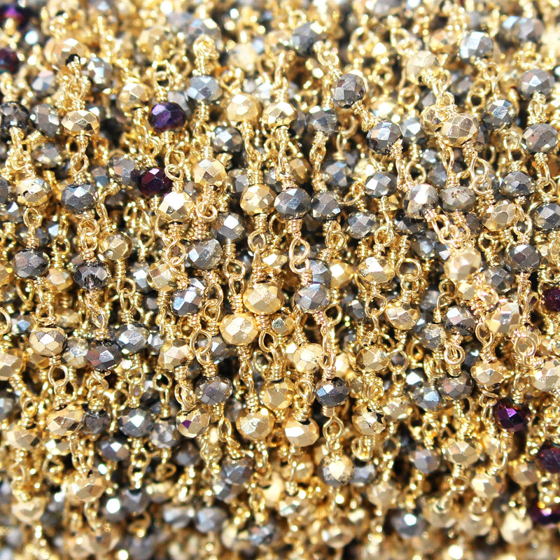pyrite shaded quartz gemstone bead chain 24k gold plated over silver, women jewelry making necklaces, earrings, and bracelets bead chain.