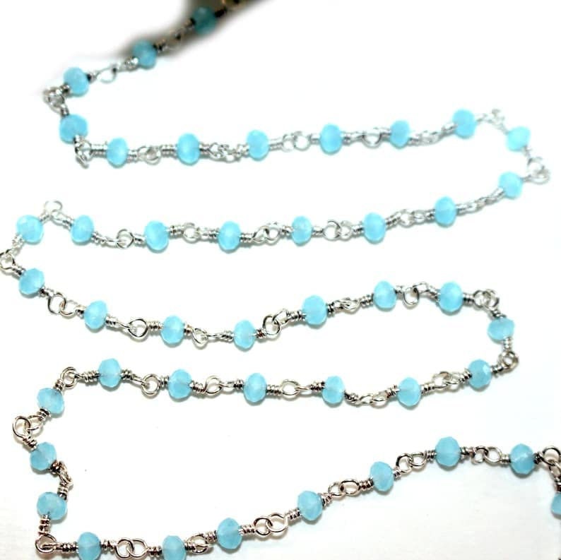 blue peruvian chalcedony quartz gemstone bead chain silver, women jewelry making necklaces, earrings, and bracelets bead chain.