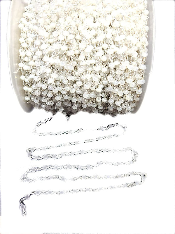 white chalcedony quartz gemstone bead chain silver, women jewelry making necklaces, earrings, and bracelets bead chain.