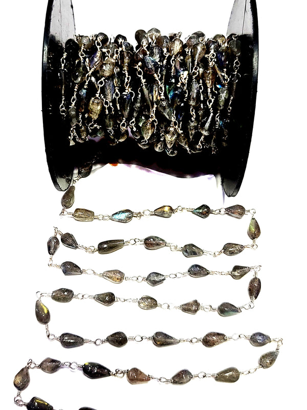 Labradorite natural semi-precious gemstone smooth teardrop beads 4X6mm silver plated rosary chain for a necklace, earrings, anklet, and bracelet making.