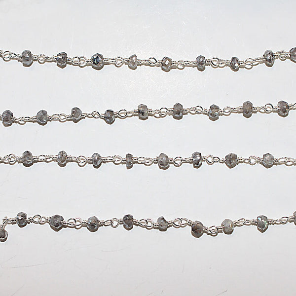Mystic Coated Labradorite natural semi-precious gemstone beads 3mm silver plated rosary chain for a necklace, earrings, anklet, and bracelet making.