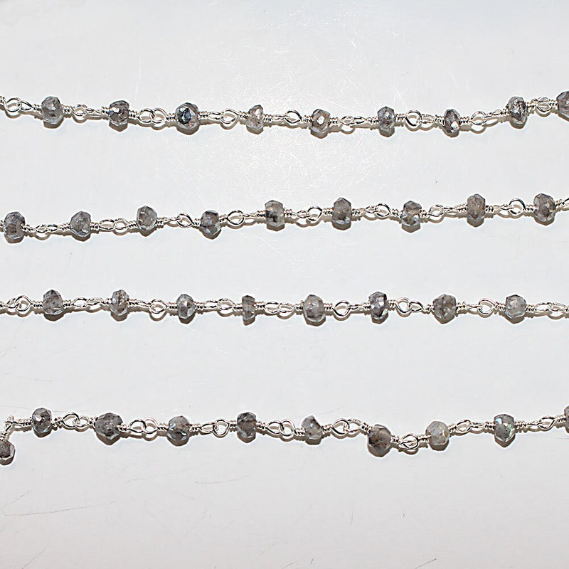 Mystic Coated Labradorite natural semi-precious gemstone beads 3mm silver plated rosary chain for a necklace, earrings, anklet, and bracelet making.