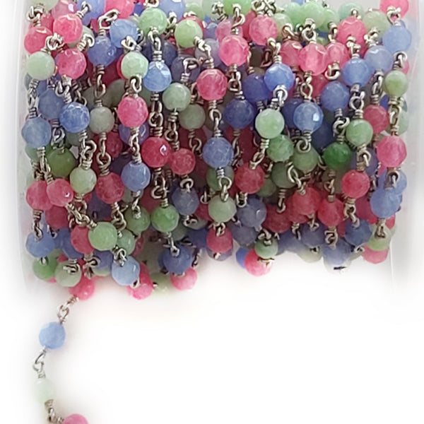 Multi Color Jade natural semi-precious gemstone beads 4mm silver plated rosary chain for a necklace, earrings, anklet, and bracelet making.