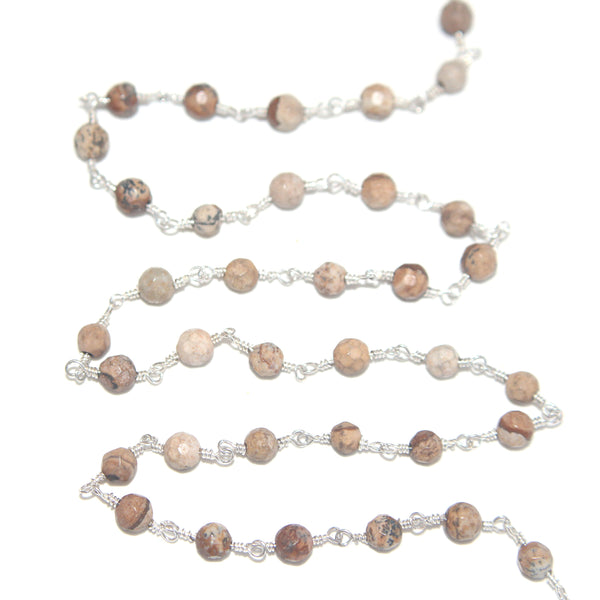 Picture Jasper natural semi-precious gemstone beads 4mm silver plated rosary chain for a necklace, earrings, anklet, and bracelet making.