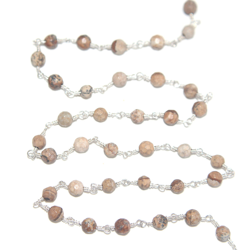 Picture Jasper natural semi-precious gemstone beads 4mm silver plated rosary chain for a necklace, earrings, anklet, and bracelet making.
