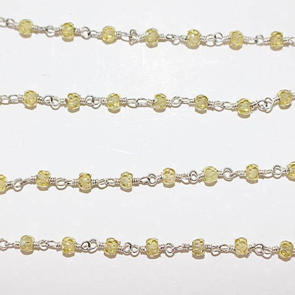 Zircon Lemon natural semi-precious gemstone beads 3mm silver plated rosary chain for a necklace, earrings, anklet, and bracelet making.