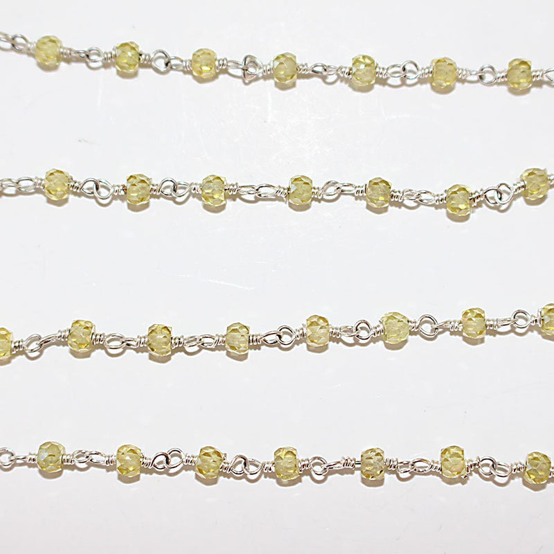 Zircon Lemon natural semi-precious gemstone beads 3mm silver plated rosary chain for a necklace, earrings, anklet, and bracelet making.