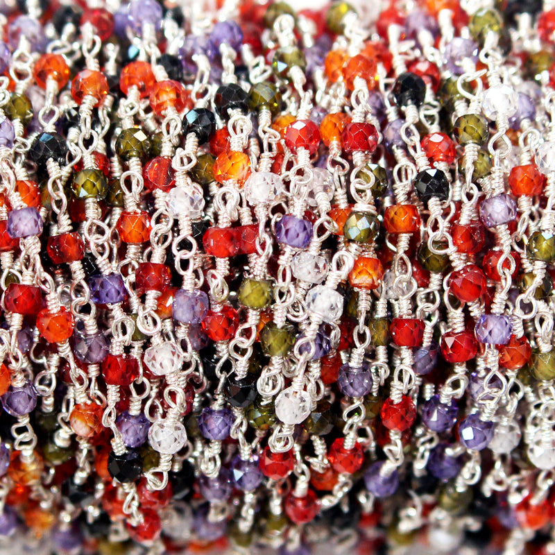 Multi Color Zircon natural semi-precious gemstone beads 3mm silver plated rosary chain for a necklace, earrings, anklet, and bracelet making.