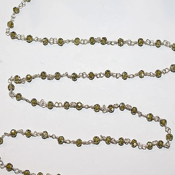 Zircon Peridot natural semi-precious gemstone beads 3mm silver plated rosary chain for a necklace, earrings, anklet, and bracelet making.