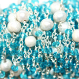 Blue Topaz and freshwater pearl gemstone faceted rondelle bead rosary chain silver, women jewelry making necklaces, earrings, anklets, and bracelets.