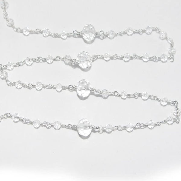 Clear Quartz gemstone faceted rondelle bead 3-4mm rosary coin chain silver, women jewelry making necklaces, earrings, anklets, and bracelets.