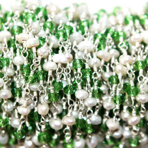 Peridot and freshwater pearl gemstone faceted rondelle bead rosary chain silver, women jewelry making necklaces, earrings, anklets, and bracelets.