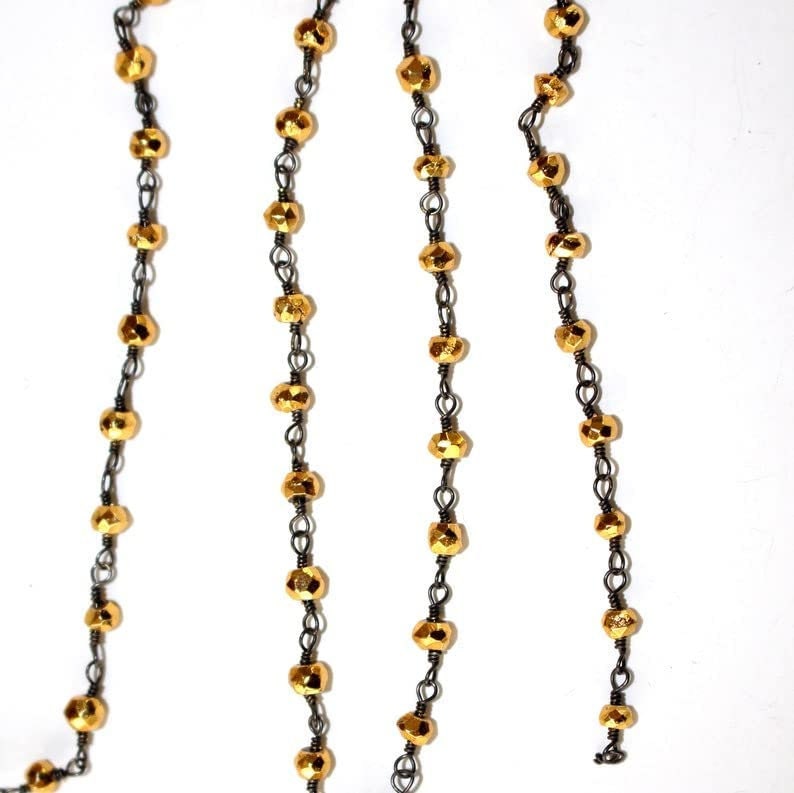 Pyrite natural semi-precious gemstone beads 3-4mm antique black oxidized rosary chain for a necklace, earrings, anklet, and bracelet making.