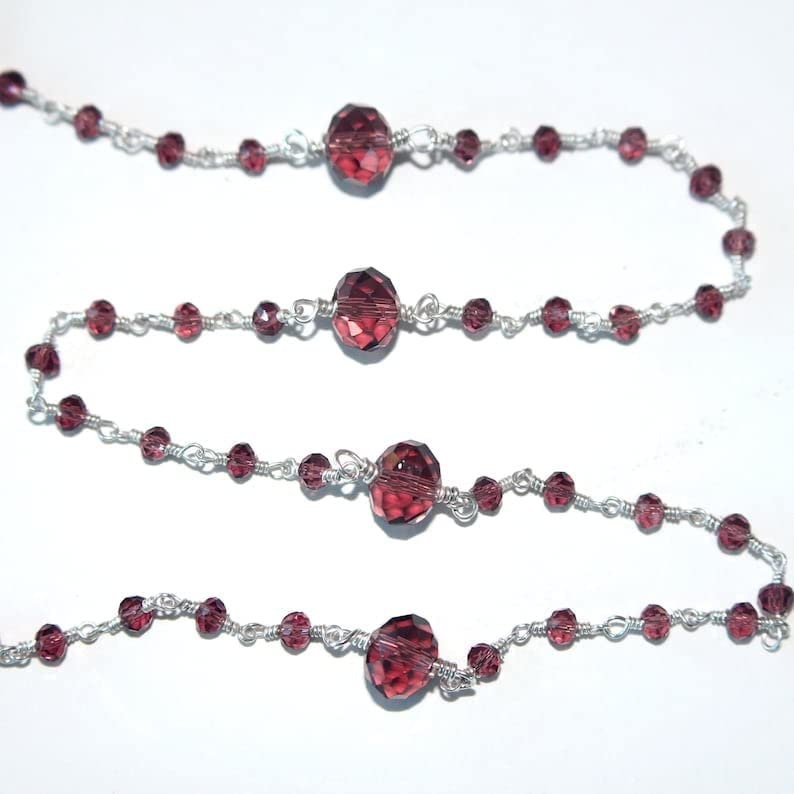 Rhodolite Garnet gemstone faceted rondelle bead 7.5mm rosary chain silver, women jewelry making necklaces, earrings, anklets, and bracelets.