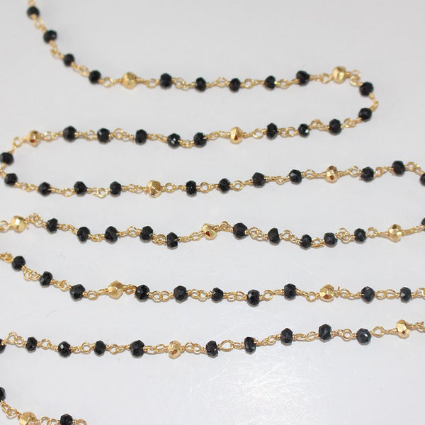 Black Onyx and Pyrite natural gemstone faceted rondelle bead rosary coin chain 24k gold plated over silver, women jewelry making necklaces, earrings, anklets, and bracelets.