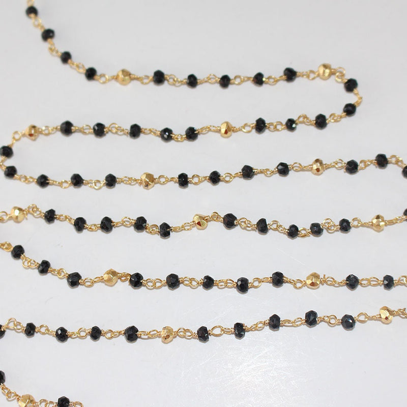 Black Onyx and Pyrite natural gemstone faceted rondelle bead rosary coin chain 24k gold plated over silver, women jewelry making necklaces, earrings, anklets, and bracelets.