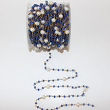 Blue Sapphire and Freshwater Pearl natural gemstone faceted 3-4mm rondelle bead rosary coin chain 24k gold plated over silver, women jewelry making necklaces, earrings, anklets, and bracelets.