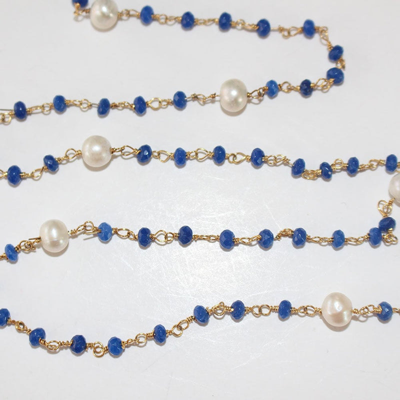 Blue Sapphire and Freshwater Pearl natural gemstone faceted rondelle bead rosary coin chain 24k gold plated over silver, women jewelry making necklaces, earrings, anklets, and bracelets.