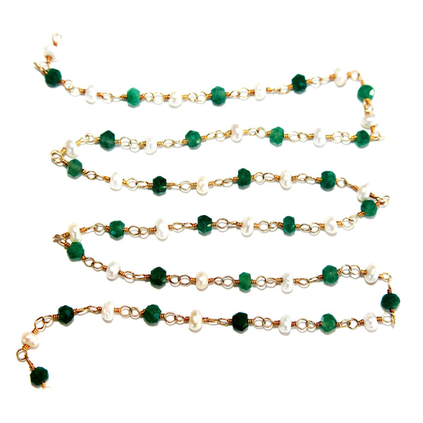 Emerald and freshwater pearl natural gemstone faceted rondelle bead rosary coin chain 24k gold plated over silver, women jewelry making necklaces, earrings, anklets, and bracelets.
