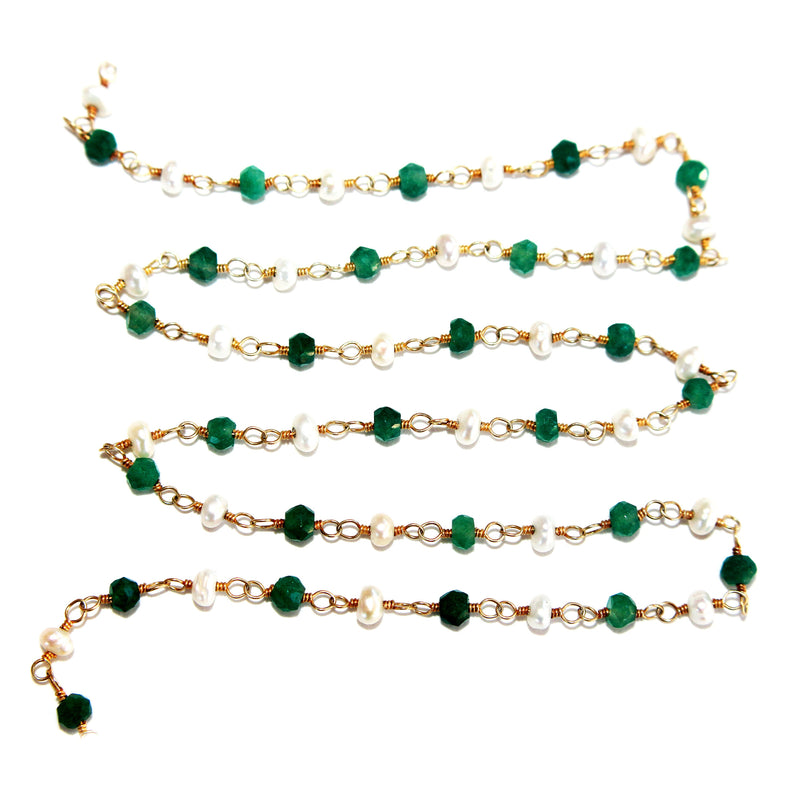 Emerald and freshwater pearl natural gemstone faceted rondelle bead rosary coin chain 24k gold plated over silver, women jewelry making necklaces, earrings, anklets, and bracelets.